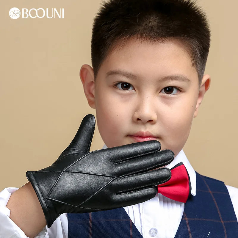 Guantes de piel auténtica para niños BOOUNI, cinco dedos, cálidos para otoño e invierno, forrados de terciopelo, guantes de piel de oveja para niños NM964