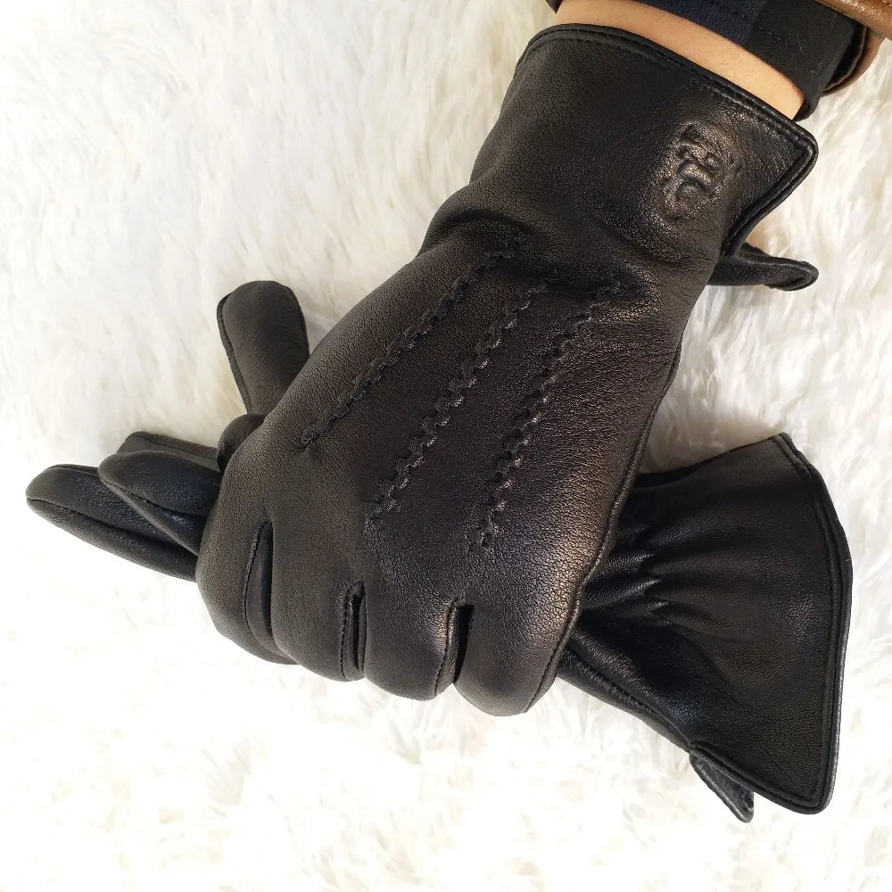 New Men's 100% Sheepskin Gloves, Deer Skin Pattern Design, Warm and Soft Men's Leather Gloves, Men's Mittens With Plush Lining