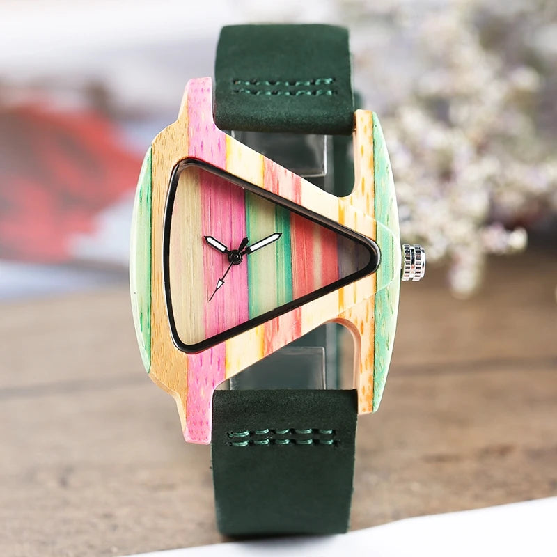 Reloj de pulsera para mujer, de madera colorida y única, con esfera triangular creativa, reloj de cuarzo con correa de cuero, Reloj Mujer
