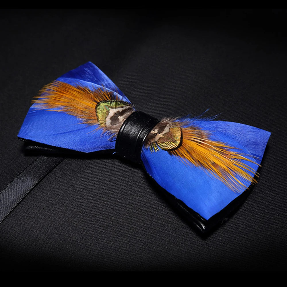KAMBERFT Designer Brand Handmade Feather and Leather Pre-Tied Bow Tie for Men Wedding Party Best Gift Cravate