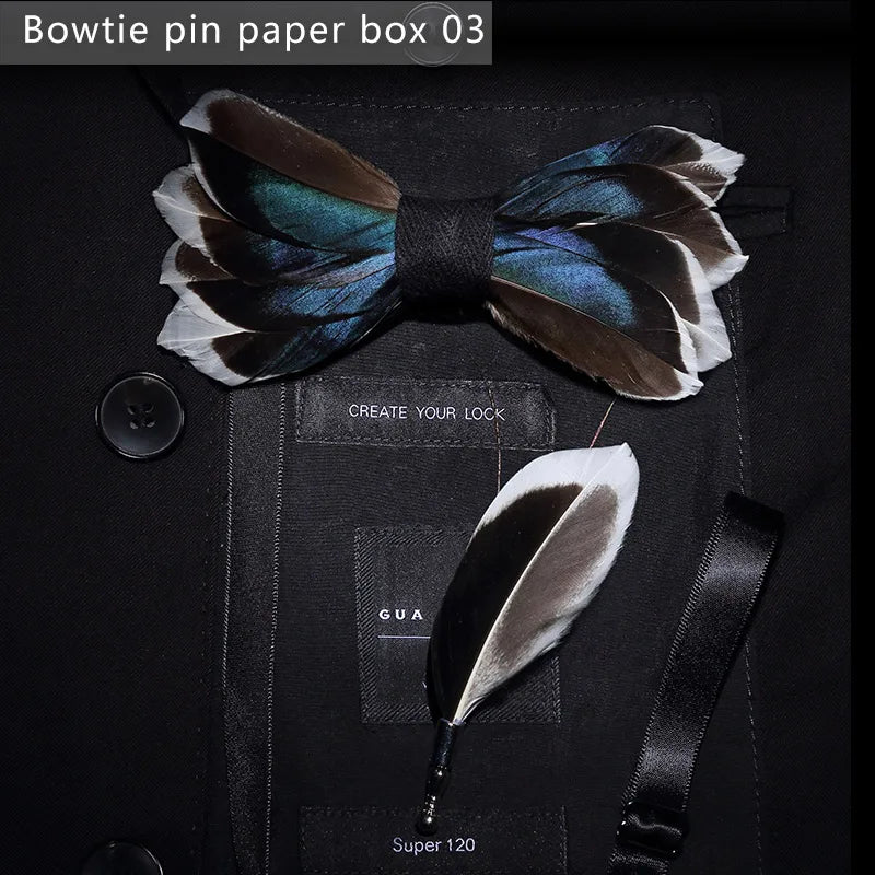 New Luxury Men Bow Tie Handmade Feather Bowtie Brooch Gift Box Set Party Wedding Man Accessories Father Day Gift