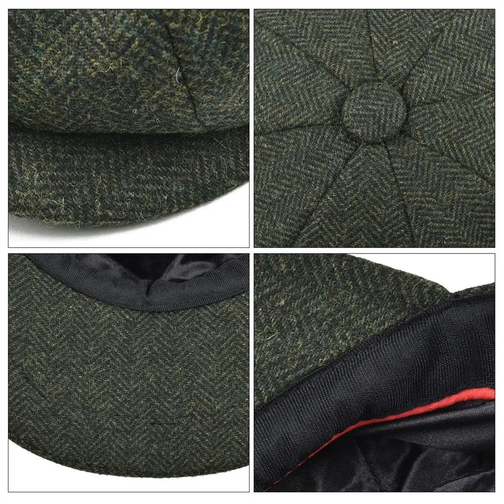 BOTVELA Wool Tweed Newsboy Cap Herringbone Men Women Classic Retro Hat With Soft Lining Driver Cap Black Brown Green 005