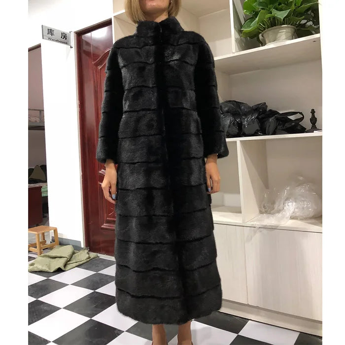 HDHOHR 2026 High Quality Natural Mink Fur Coats Long With Skirt Women Winter Real White Mink Coats Slim Warm Fur Jackets Feamle