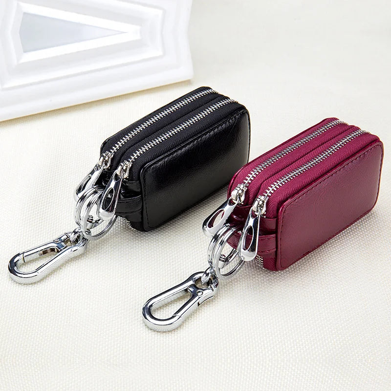 Genuine Cow Leather Home Car Keys' Bag Double Pocket Zipper Mini Wallet Earth Yellow Men Women's Key Holder Transparent Pocket