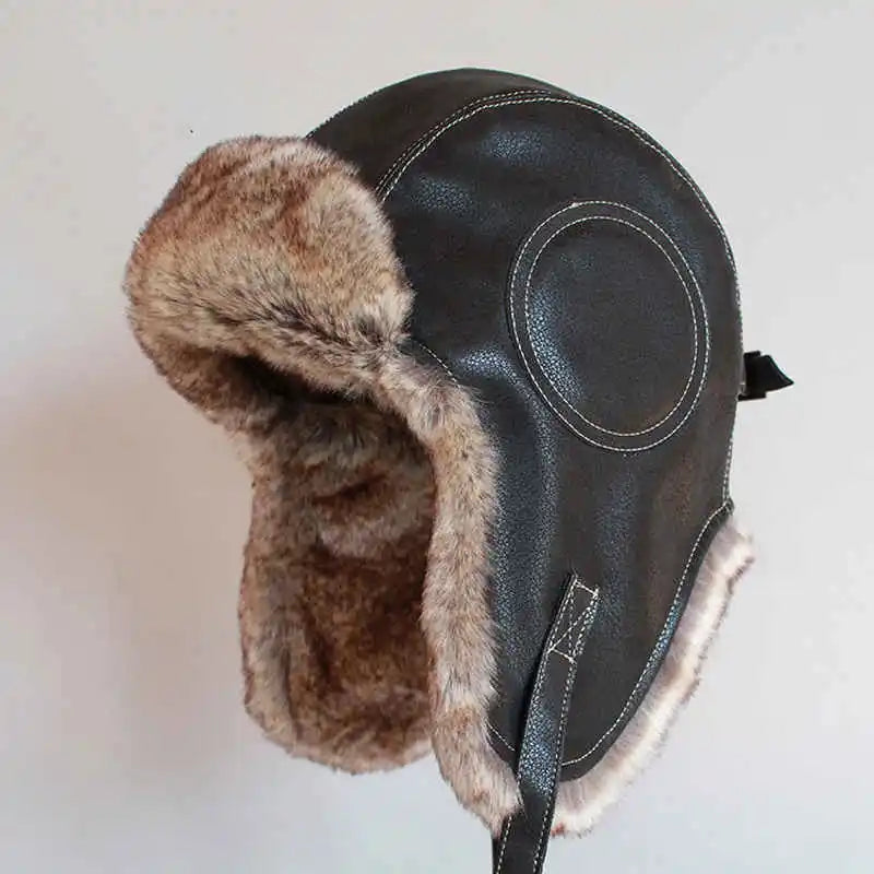 Winter Ushanka Hat Men Women's Pilot Aviator Trapper Hat Faux Fur  PU Leather Snow Cap With Ear Flaps