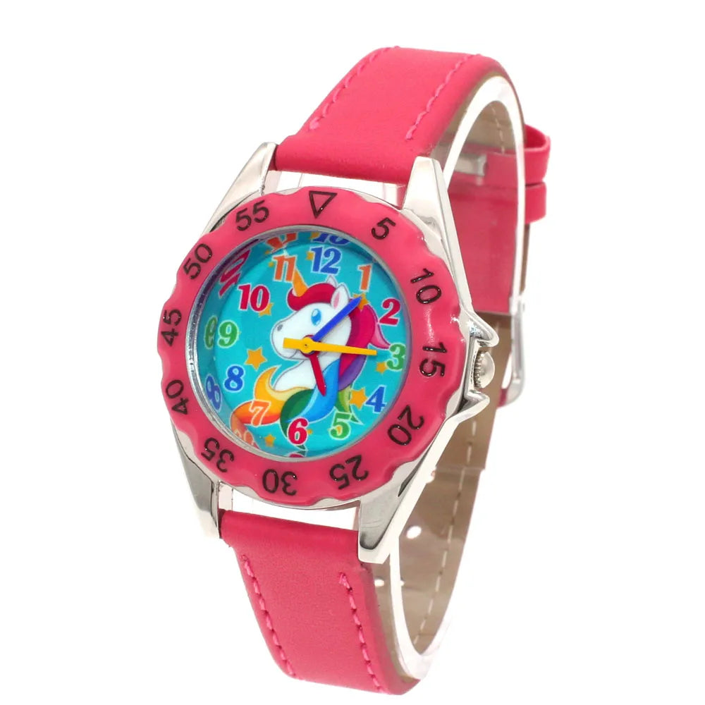 Reloj de pulsera de cuero con diseño de unicornio para niños y niñas, reloj informal de moda para aprender la hora