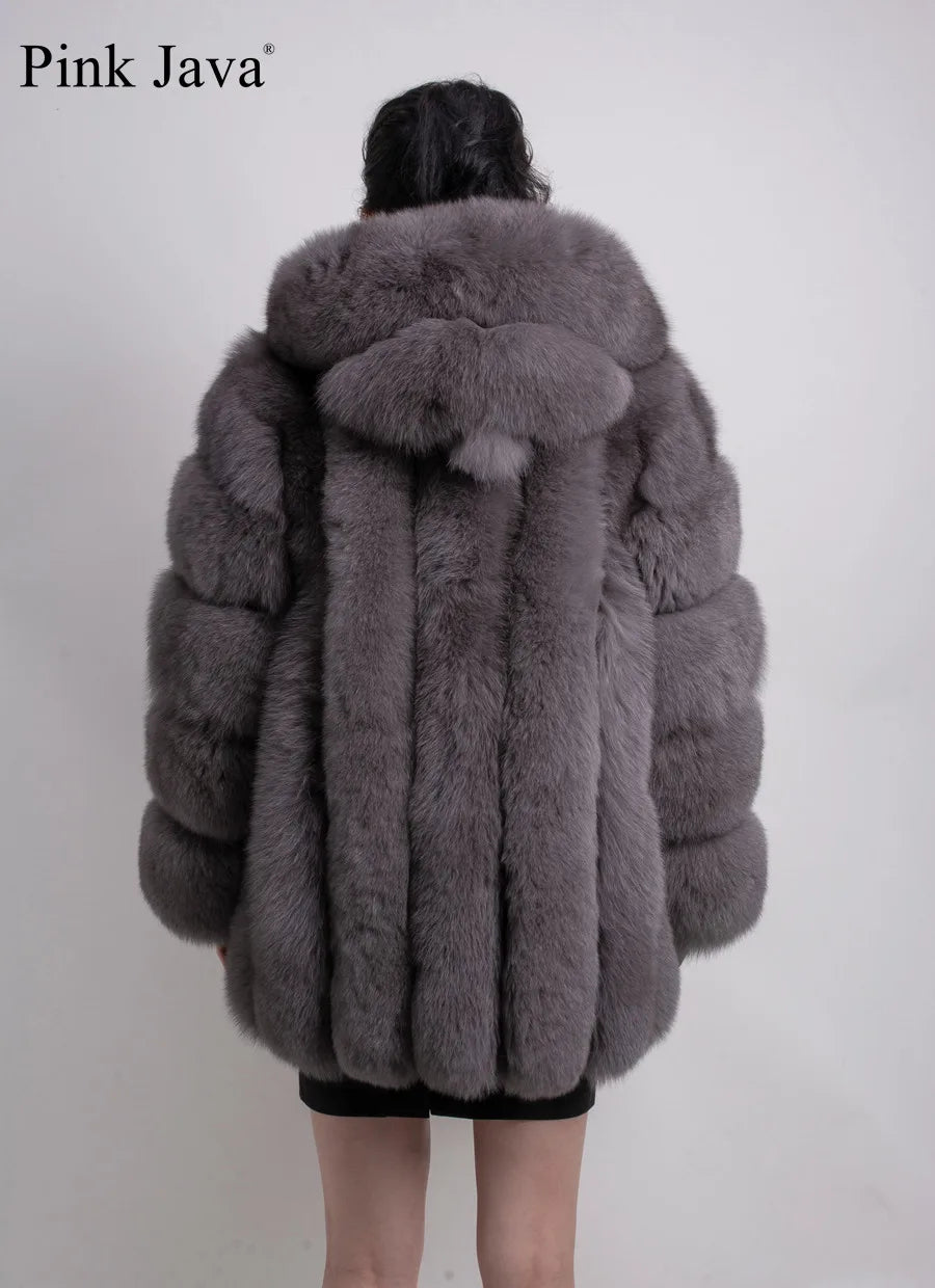 Pink Java QC8149 2018 New Model Women Real Fox Fur Coat Long Sleeves Hood Coat Genuine Fox Outfit High Quality