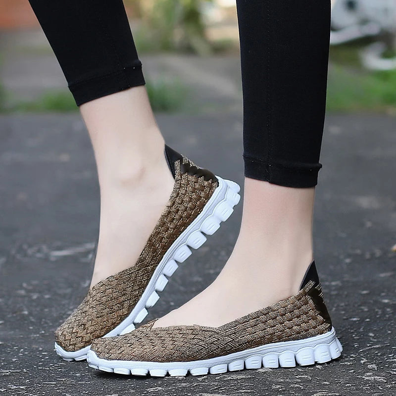 Women Shoes Summer Casual Flats Breathable Female Sneakers Woven Walking Shoes Slip on Ladies Loafers Handmade Shoes Size 35-40