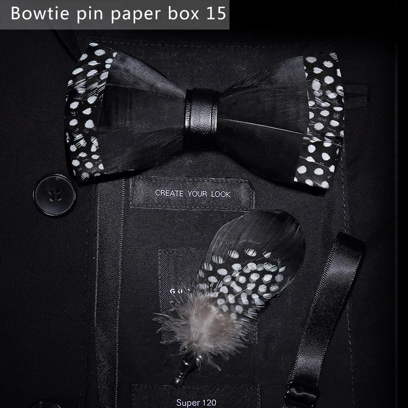 New Luxury Men Bow Tie Handmade Feather Bowtie Brooch Gift Box Set Party Wedding Man Accessories Father Day Gift