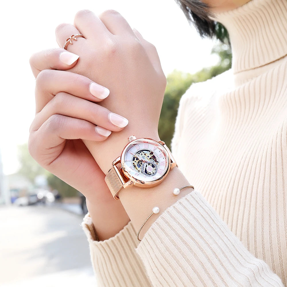 ORKINA Women Watch Automatic Mechanical Skeleton Chic Rose Gold Lady Wristwatch in Mesh Stainless Steel Bracelet / Leather Strap
