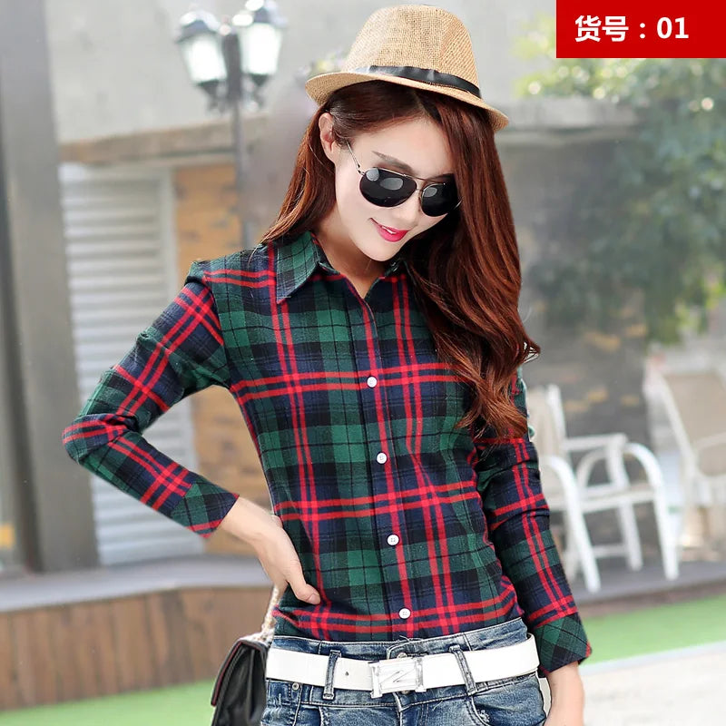 2024 Spring New Fashion Casual Lapel Plus Size Blouses Women Plaid Shirt Checks Flannel Shirts Female Long Sleeve Tops Blouse