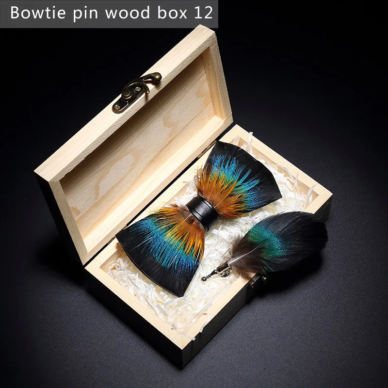 Nuevo set de regalo de pajarita de plumas hecha a mano para hombre, con broche, accesorios de fiesta y boda, regalo para el Día del Padre