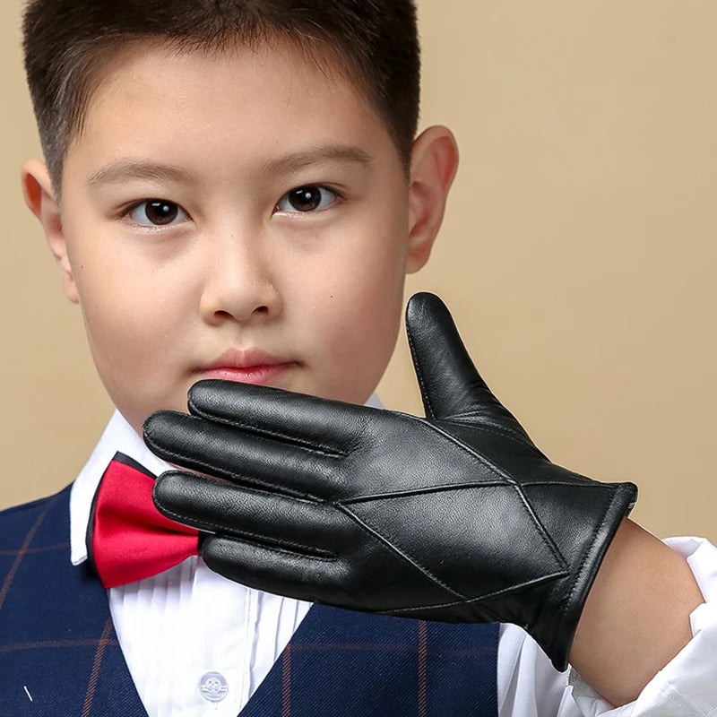 Guantes de piel auténtica para niños BOOUNI, cinco dedos, cálidos para otoño e invierno, forrados de terciopelo, guantes de piel de oveja para niños NM964