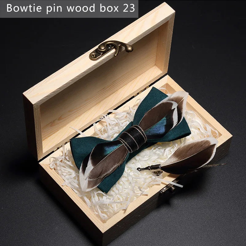 Nuevo set de regalo de pajarita de plumas hecha a mano para hombre, con broche, accesorios de fiesta y boda, regalo para el Día del Padre