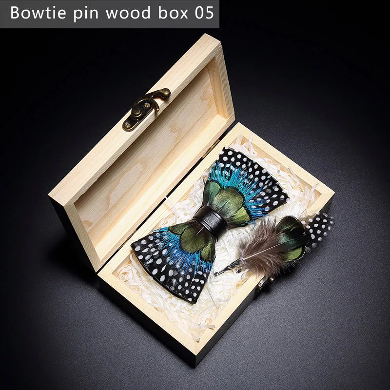New Luxury Men Bow Tie Handmade Feather Bowtie Brooch Gift Box Set Party Wedding Man Accessories Father Day Gift