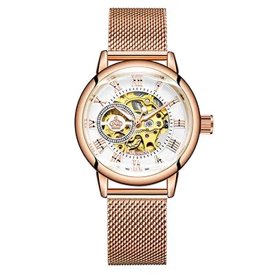 Damski zegarek automatyczny ORKINA typu skeleton, elegancki model w kolorze różowego złota na bransolecie typu mesh ze stali nierdzewnej / pasku skórzanym