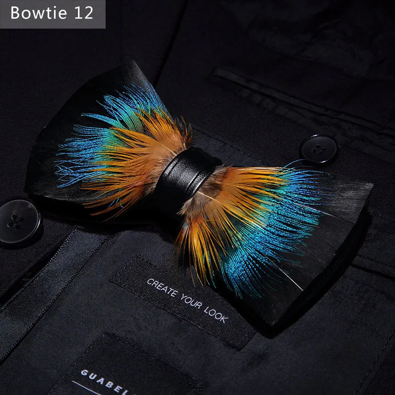 New Luxury Men Bow Tie Handmade Feather Bowtie Brooch Gift Box Set Party Wedding Man Accessories Father Day Gift