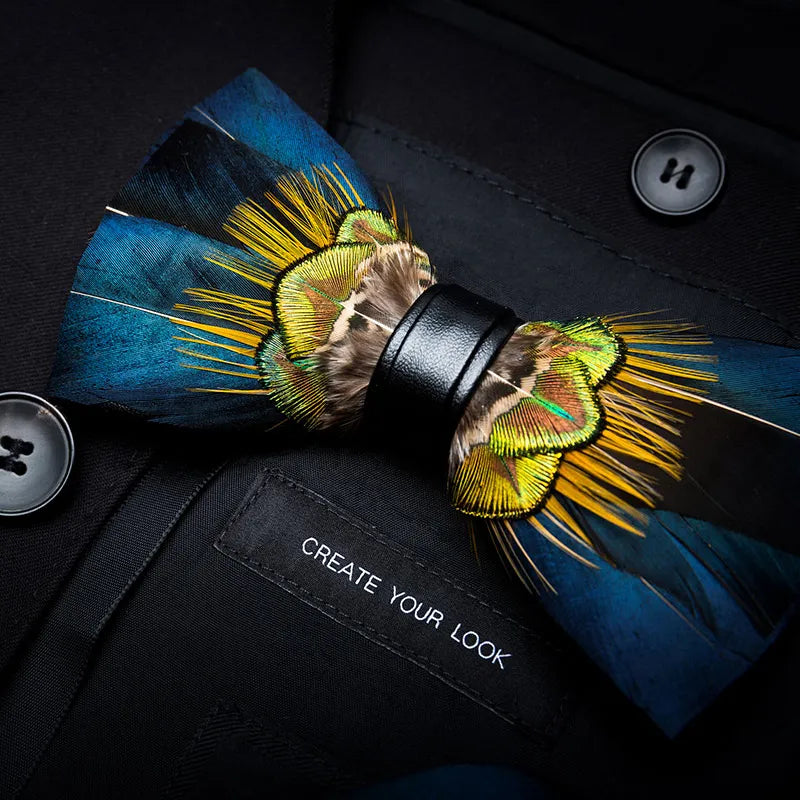 KAMBERFT Designer Brand Handmade Feather and Leather Pre-Tied Bow Tie for Men Wedding Party Best Gift Cravate