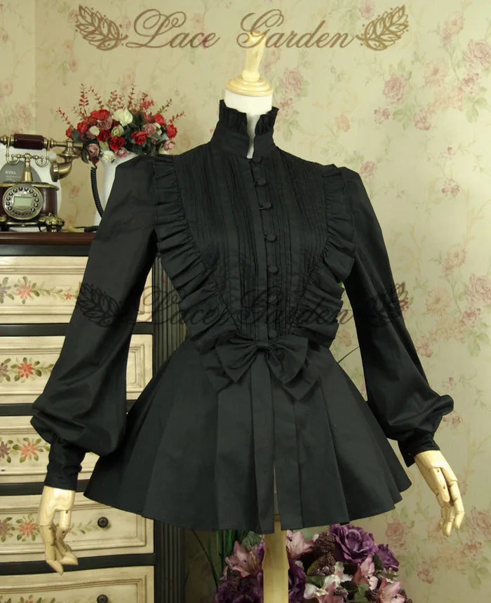 Vår Dam Vit Topp Vintage Viktoriansk Volang Veckad Skjorta Lyktärm Kvinna Gotisk Högkrage Blus Lolita Kostym