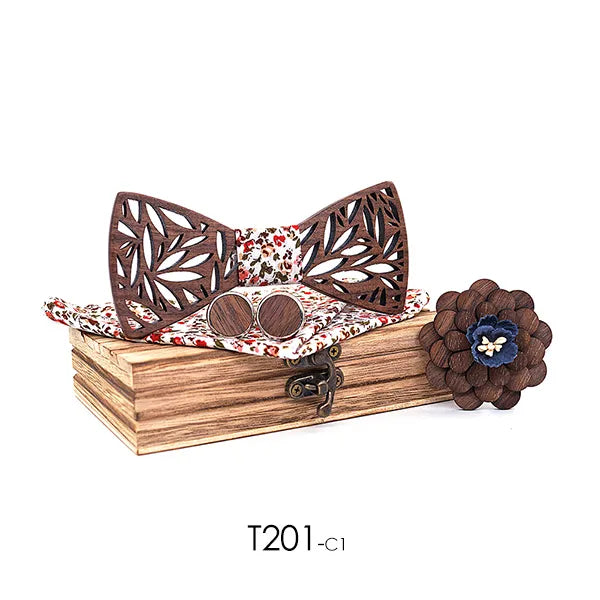 Wooden Bow Tie Handkerchief Set Men's Plaid Bowtie Wood Hollow Carved Cut Out Floral Design and Box Fashion Novelty Men Ties