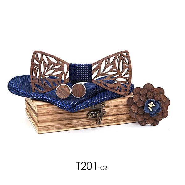 Wooden Bow Tie Handkerchief Set Men's Plaid Bowtie Wood Hollow Carved Cut Out Floral Design and Box Fashion Novelty Men Ties