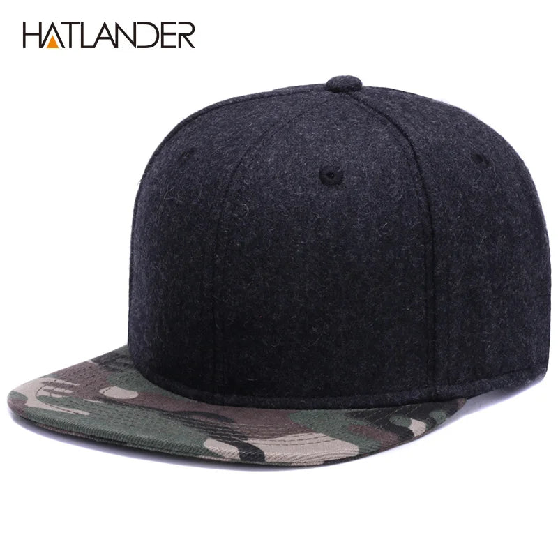 HATLANDER High Quality Wool Snapback Caps Plain Camouflage Baseball Cap and Hat Men Women Winter Hat Flat Brim Blank Hip Hop Cap