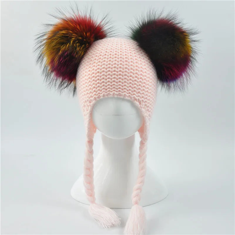 Gorro de punto con dos pompones de piel auténtica para bebés y niños, gorro de invierno con orejeras para niña y niño