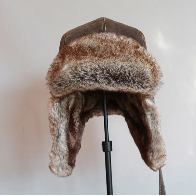 Winter Ushanka Hat Men Women's Pilot Aviator Trapper Hat Faux Fur  PU Leather Snow Cap With Ear Flaps