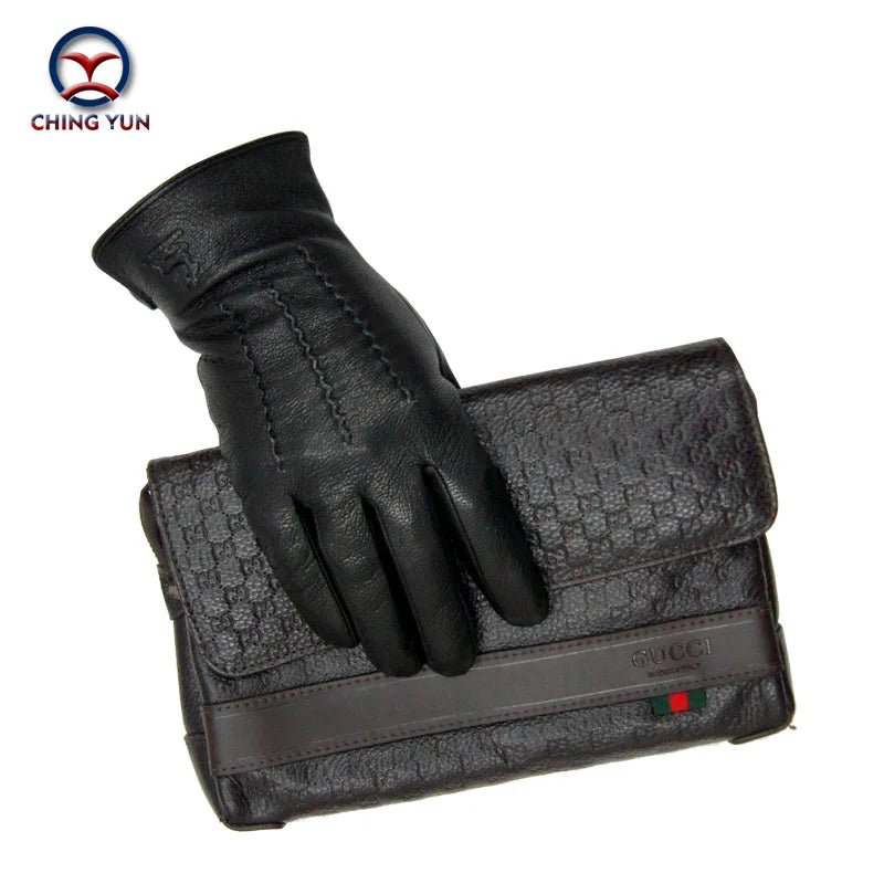 Winter Men Deer Skin Leather Gloves Male Warm Soft Black Sewing Design Men Mittens Imitate Rabbit Hair 70% Wool Lining-07