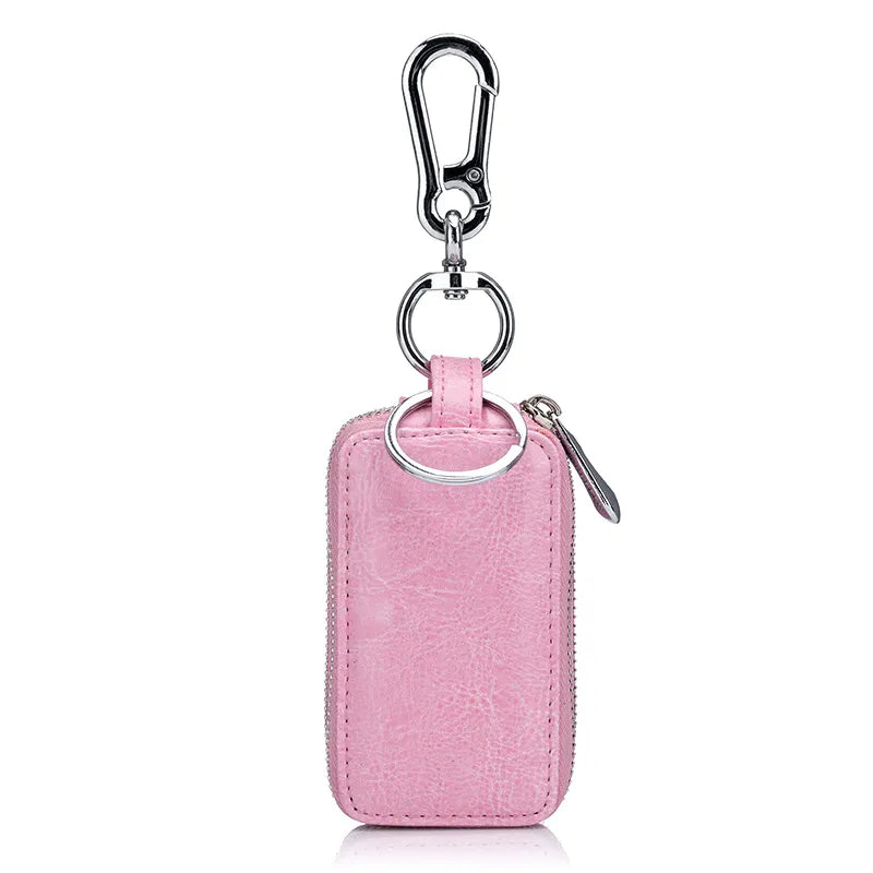 Estuche para llaves de coche y casa de auténtica piel de vaca, cartera mini con cremallera de doble bolsillo, color amarillo tierra, tarjetero con bolsillo transparente para hombre y mujer