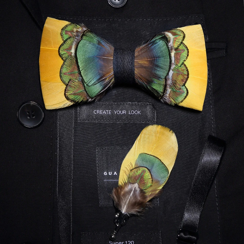 New Luxury Men Bow Tie Handmade Feather Bowtie Brooch Gift Box Set Party Wedding Man Accessories Father Day Gift