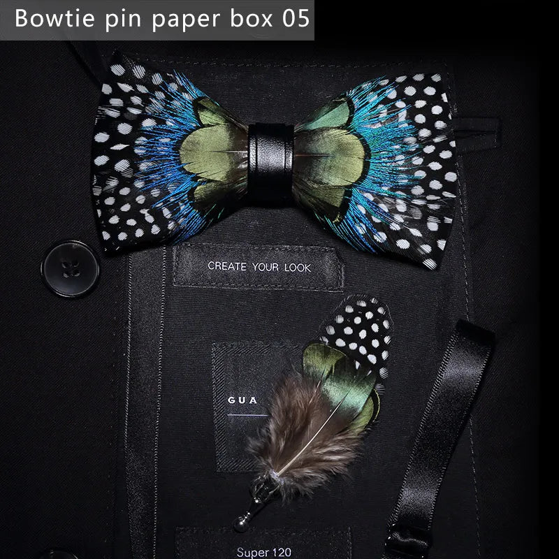 New Luxury Men Bow Tie Handmade Feather Bowtie Brooch Gift Box Set Party Wedding Man Accessories Father Day Gift