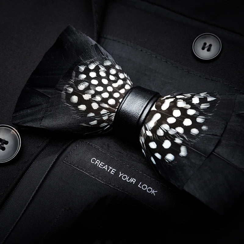 KAMBERFT Designer Brand Handmade Feather and Leather Pre-Tied Bow Tie for Men Wedding Party Best Gift Cravate