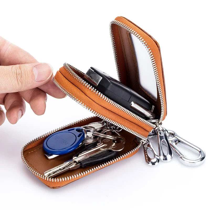 Estuche para llaves de coche y casa de auténtica piel de vaca, cartera mini con cremallera de doble bolsillo, color amarillo tierra, tarjetero con bolsillo transparente para hombre y mujer
