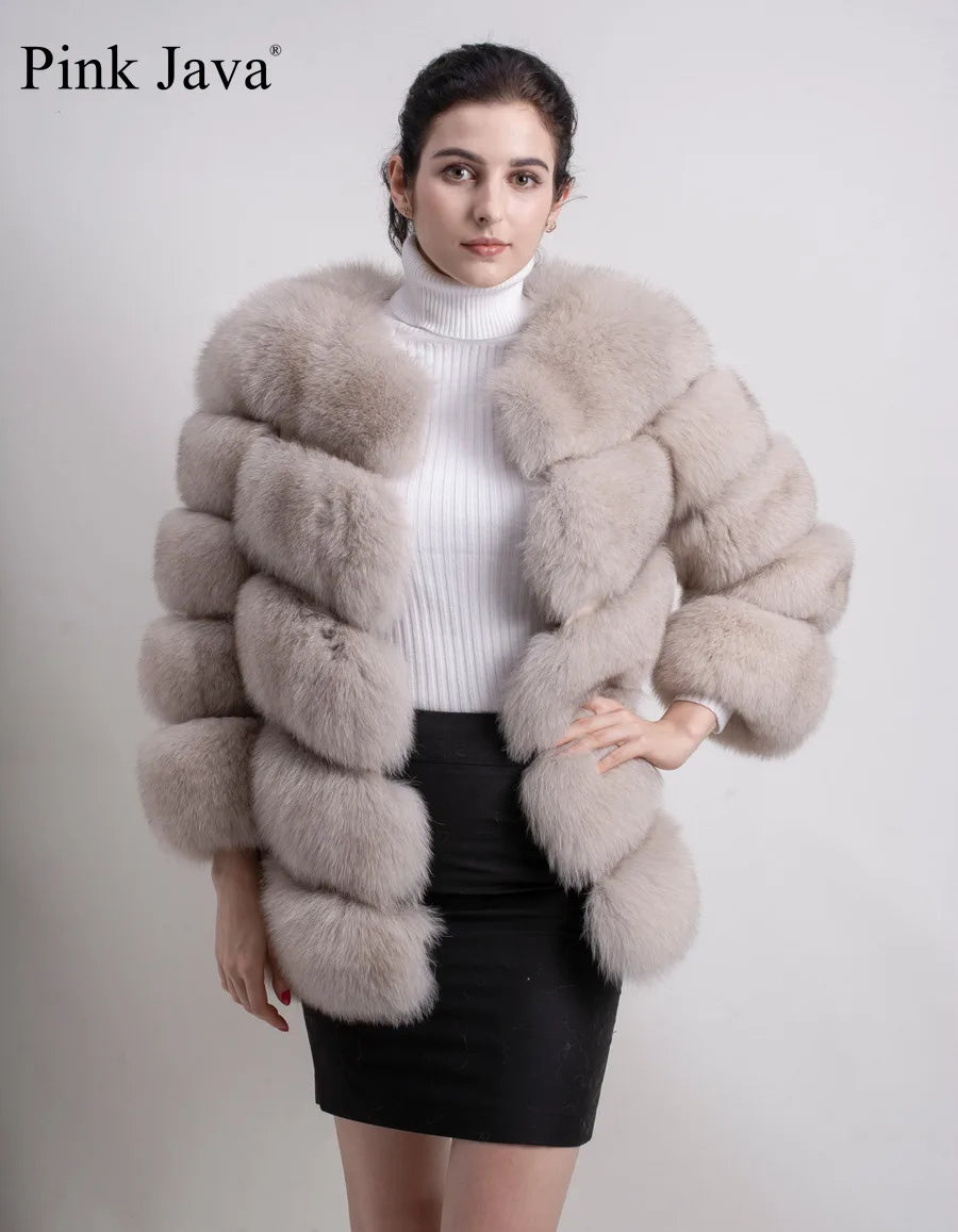 Pink Java QC8066  High Quality Women  Real Fox Fur Coat Wihter Warm Thick Fox Fur Jacket Genuine Fur  Short Coat Long Sleeves