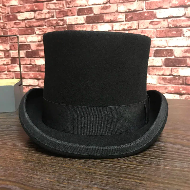 Black Men Woolen Fedora Hat Flat Mad Hatter Top Hat Traditional President Party Hat Steampunk Magic Hat With Feather