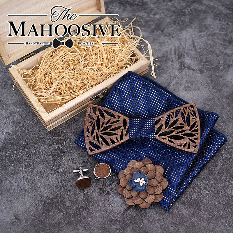 Wooden Bow Tie Handkerchief Set Men's Plaid Bowtie Wood Hollow Carved Cut Out Floral Design and Box Fashion Novelty Men Ties
