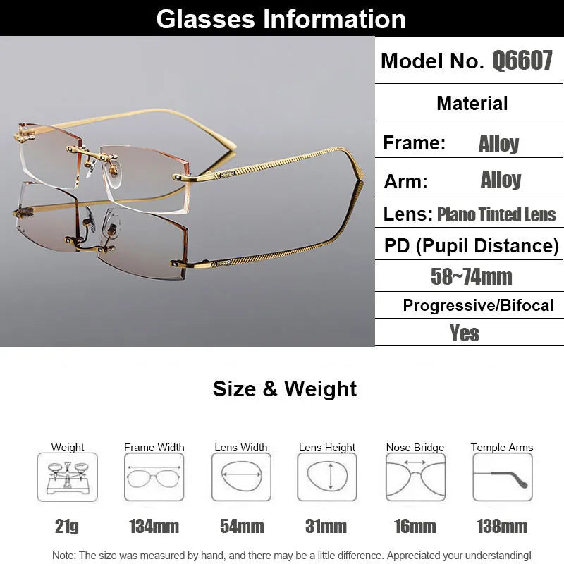 Gmei Optical Rectangle Golden Titanium Alloy Men's Diamond Trimming Rimless Glasses Frame Gradient Brown Tint Plano Lenses Q6607