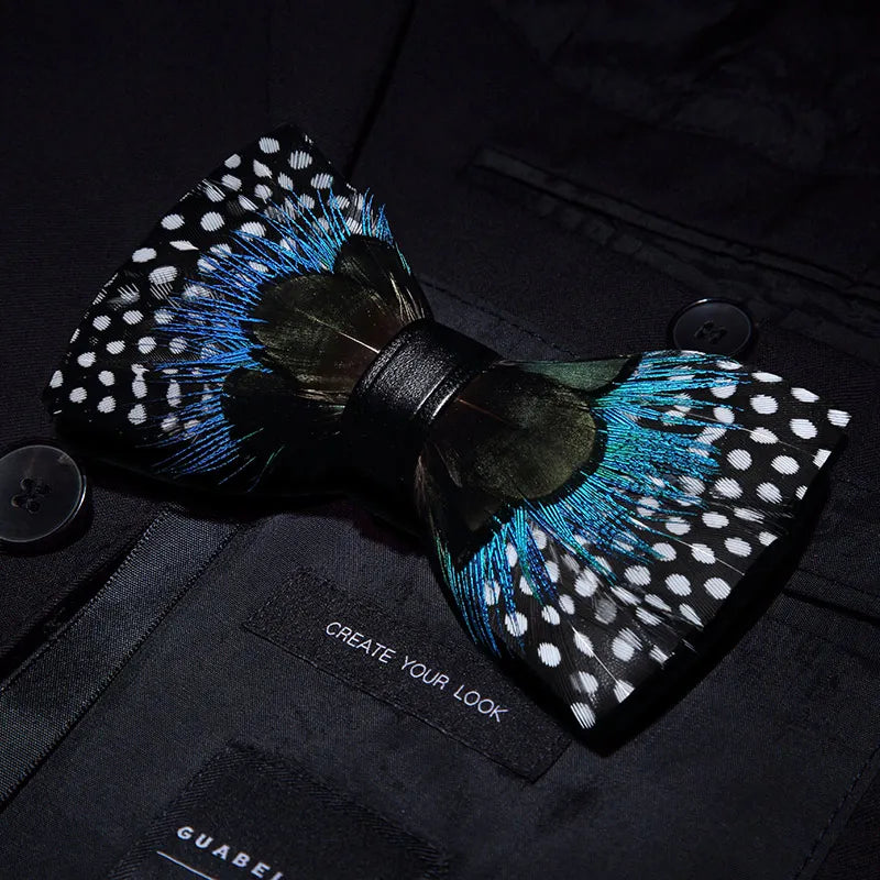 KAMBERFT Designer Brand Handmade Feather and Leather Pre-Tied Bow Tie for Men Wedding Party Best Gift Cravate