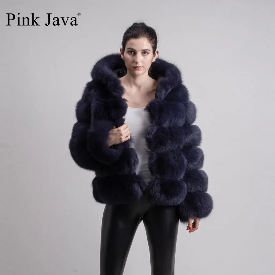 Pink Java QC8143 New Arrival Women Coat Winter Real Fox Fur Coats Hood Jacket Natural Fur Clothes Hot Sale High Quality