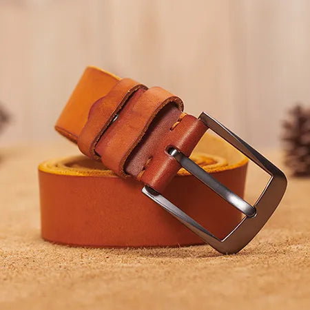 VAMOS KATOAL Men Leather Belt, Retro Top Quality Genuine Leather Belts for Men, Male Metal Pin Buckle Belt
