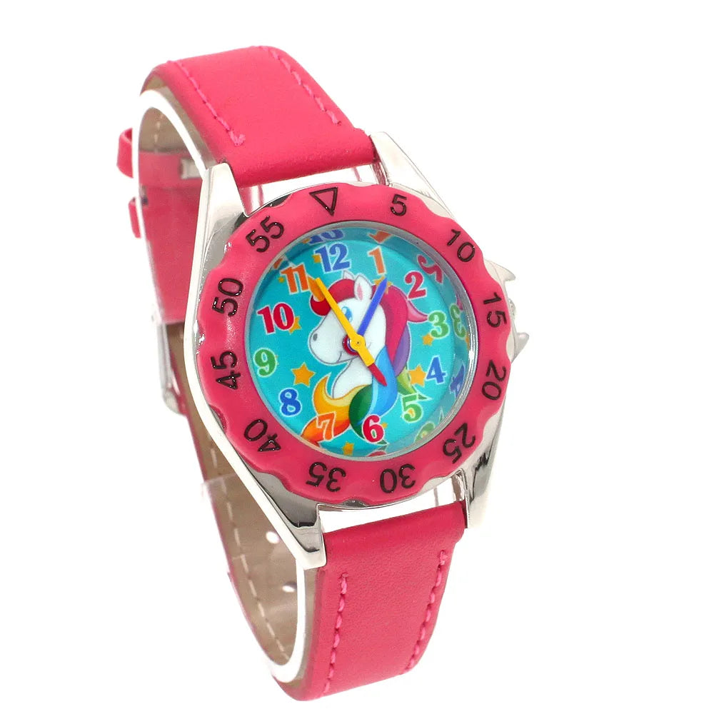 Reloj de pulsera de cuero con diseño de unicornio para niños y niñas, reloj informal de moda para aprender la hora
