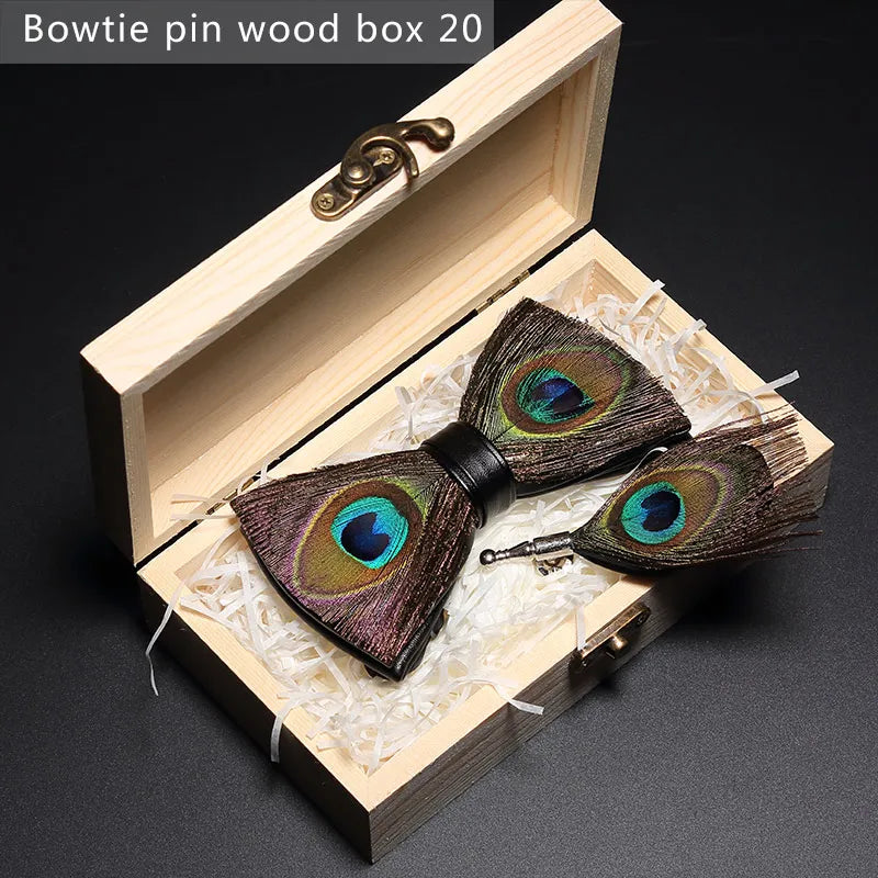 New Luxury Men Bow Tie Handmade Feather Bowtie Brooch Gift Box Set Party Wedding Man Accessories Father Day Gift