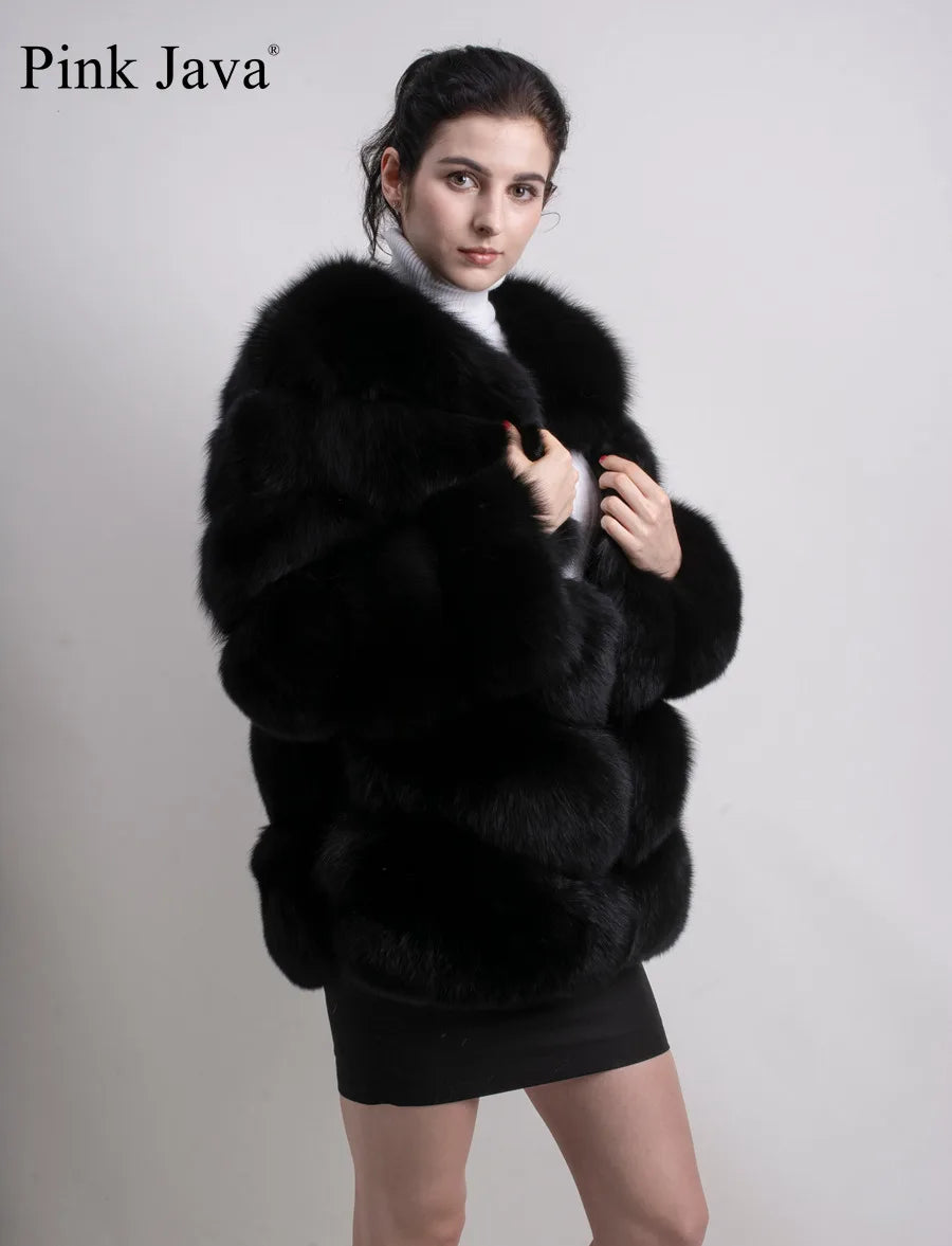 Pink Java QC8066  High Quality Women  Real Fox Fur Coat Wihter Warm Thick Fox Fur Jacket Genuine Fur  Short Coat Long Sleeves