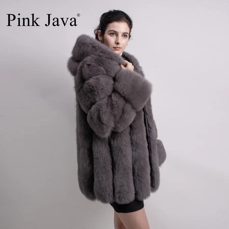 Pink Java QC8149 2018 New Model Women Real Fox Fur Coat Long Sleeves Hood Coat Genuine Fox Outfit High Quality
