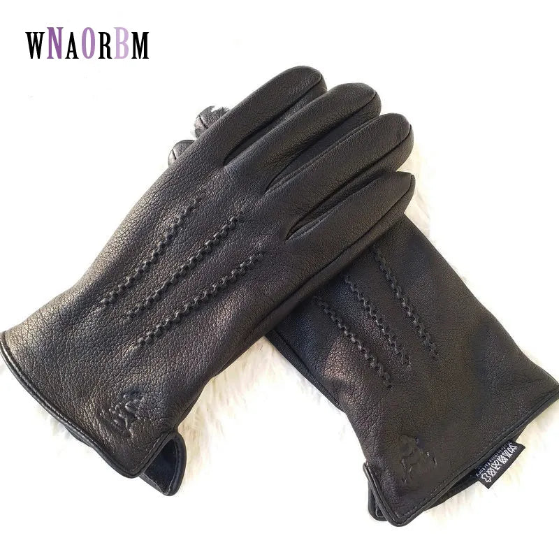 New Men's 100% Sheepskin Gloves, Deer Skin Pattern Design, Warm and Soft Men's Leather Gloves, Men's Mittens With Plush Lining