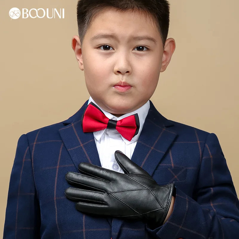 Guantes de piel auténtica para niños BOOUNI, cinco dedos, cálidos para otoño e invierno, forrados de terciopelo, guantes de piel de oveja para niños NM964