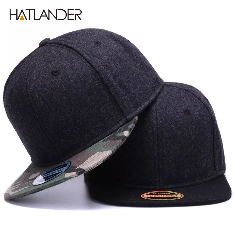 HATLANDER High Quality Wool Snapback Caps Plain Camouflage Baseball Cap and Hat Men Women Winter Hat Flat Brim Blank Hip Hop Cap