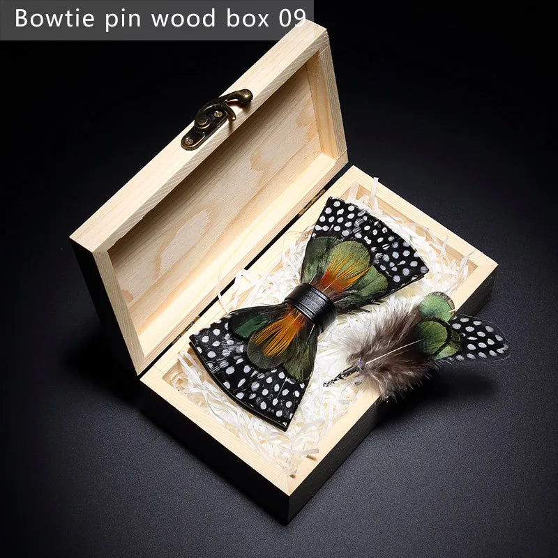 Nuevo set de regalo de pajarita de plumas hecha a mano para hombre, con broche, accesorios de fiesta y boda, regalo para el Día del Padre