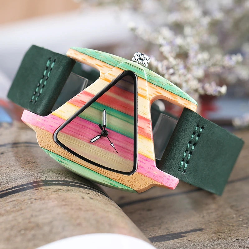 Reloj de pulsera para mujer, de madera colorida y única, con esfera triangular creativa, reloj de cuarzo con correa de cuero, Reloj Mujer